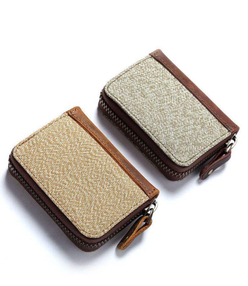 Retro canvas gestikte leren kaarthouder, mannelijke kaarthouder, ultradunne id-kaarthouder, grote capaciteit, compacte kaarthouder