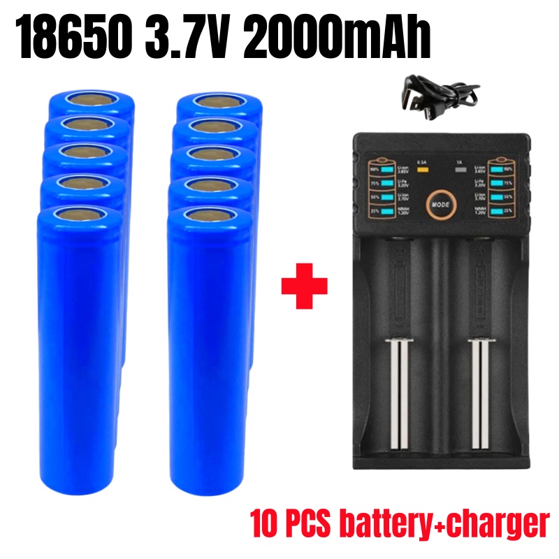 18650 3.7V 2000mAh Batería Recargable + Cargador: Plata