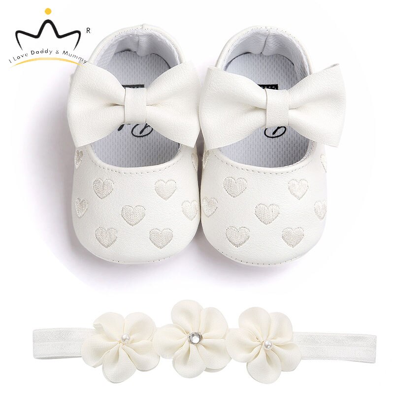 Rosa sløyfe prinsesse baby jente sko pannebånd sett pu leatherr myk bomull anti slip småbarn sko jenter sommer baby sko: Hvit / 0-6 måneder