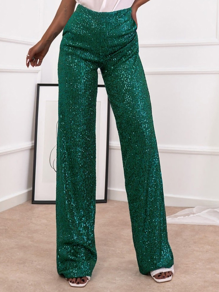 wsevypo Shiny Sequins Wide Leg Pants for Women Casual Loose Elastic High Waist Straight Leg Trousers for Office Streetwear: L / green