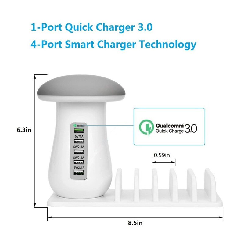 Multi Port USB Quick Charge QC3.0 Fast Charger Station for Iphone Ipad USB Charging Dock Mushroom Led Lamp 5V 2.1A EU US