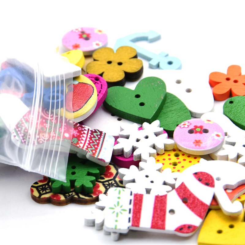Botones de madera para manualidades, pintura mixta Vintage de 2 agujeros, para Scrapbooking, costura de ropa, suministros de ropa para niños, 50 unids/lote