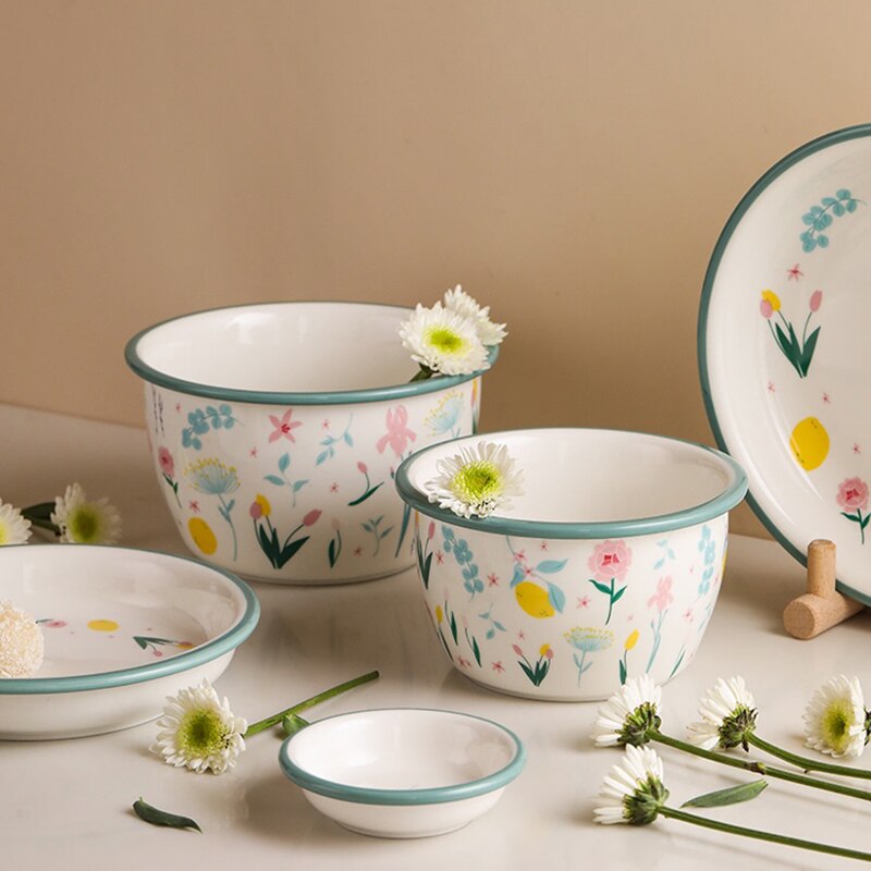 Housewares Kitchen Dishes and Plates Sets Green Side Ceramic Tableware Set European-Style Home Fruit Salad Bowl