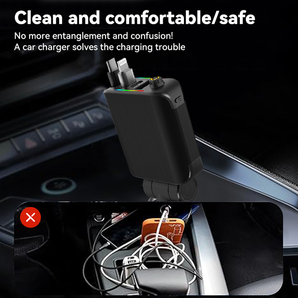 4-in-1 autolader snel opladen 120 W USB Type-C intrekbare kabel 180 ° Roterend met LED-omgevingslicht