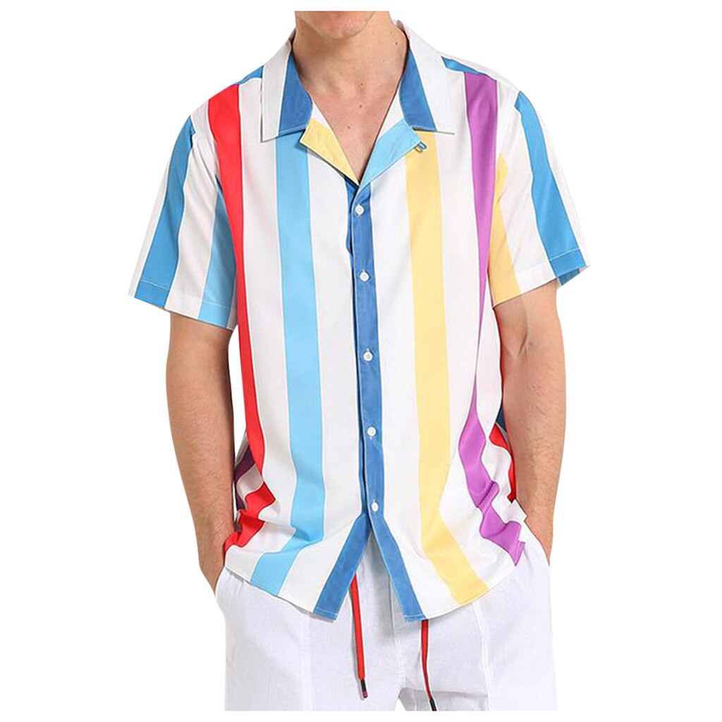 Summer Striped Hawaiian Shirt Men Colorful Lapel Neck Short Sleeve Blouse Streetwear Casual Shirts Hombre Vacation Camisa#G1: XXL