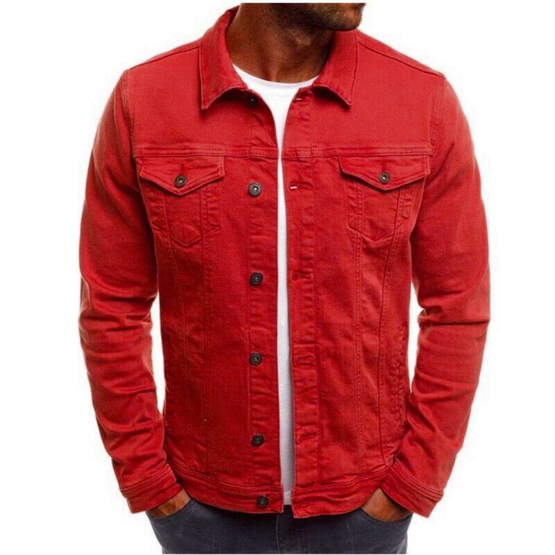 Chaquetas ajustadas de mezclilla para hombre, ropa de calle informal, con cuello vuelto, de un solo pecho, color sólido, otoño: Red / M