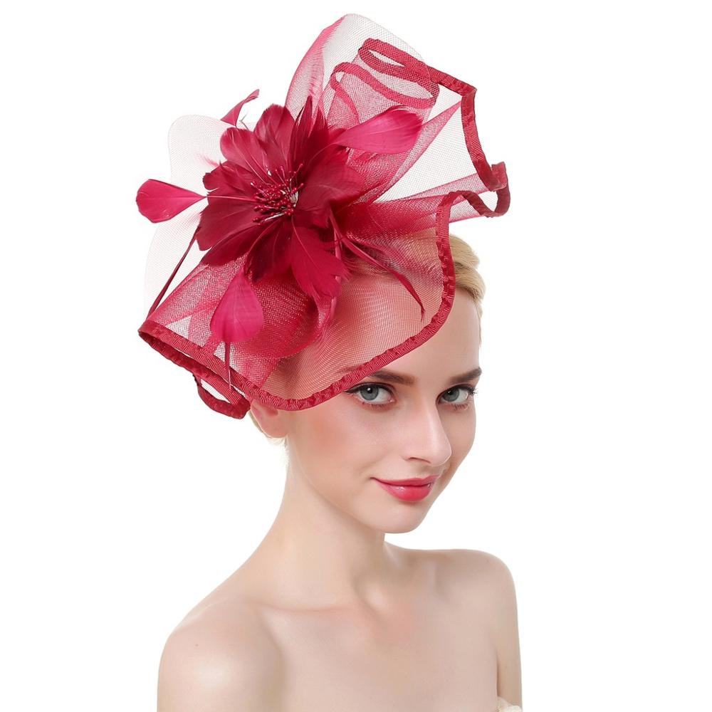 Sombrero de malla de plumas Fascinator para mujer, , diadema de flores grandes, Clip, boda, novia, de té, iglesia, novedad de: Rojo
