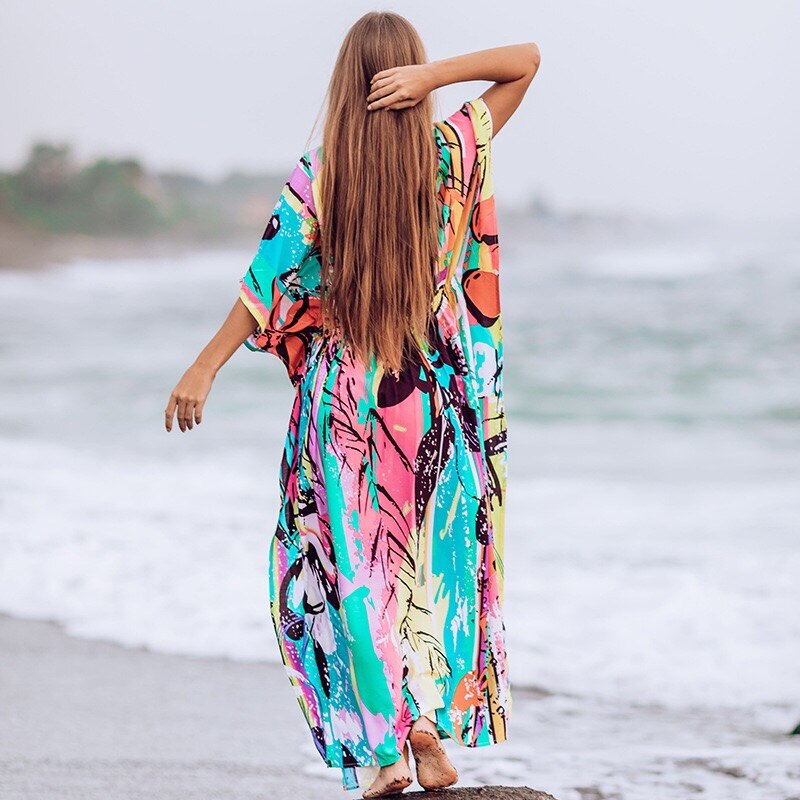 Strand Kaftan Bohemian Losse Zomer Maxi Jurk Katoenen Tuniek Vrouwen Beachwear Badpak Cover Up