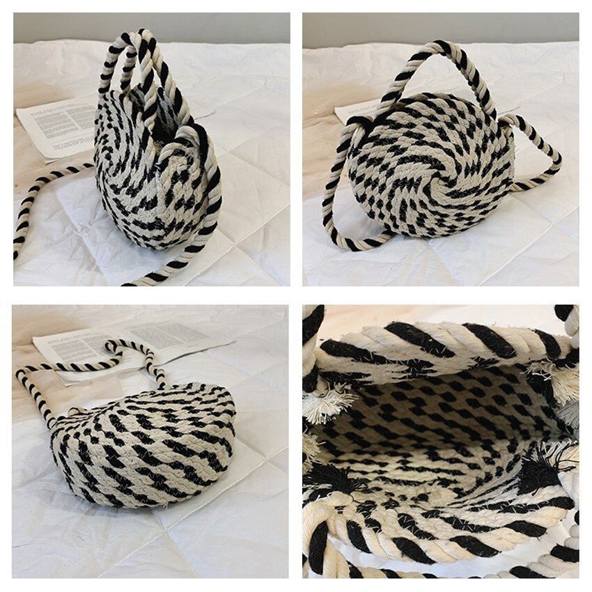 Ljt persoonlijkheid zwart-wit geweven kleine ronde tas zomer casual messenger schoudertas strand handtassen tote