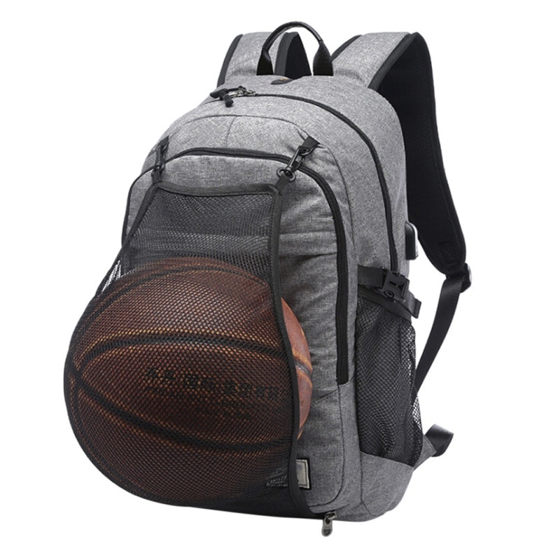 Menn sport basketball ryggsekk laptop skolesekk for tenåringer gutter fotball ball bag bag hann med fotball basketball nett: Grå