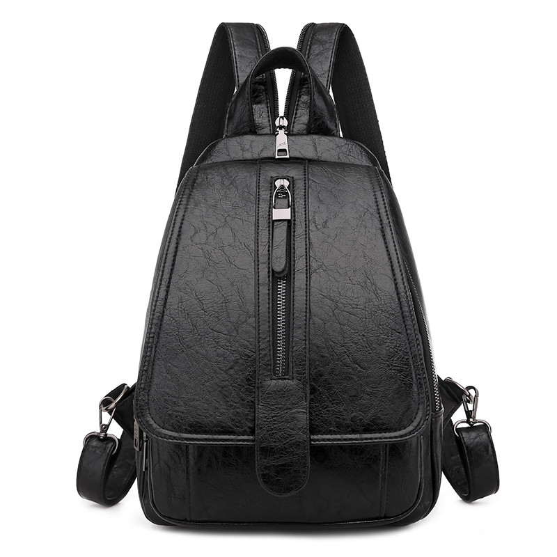 Vintage Women Backpack for Ladies Travel Back Bag Chest Shoulder Bag Good Oil Wax PU Leather Female Backbag Mochila: Black-1