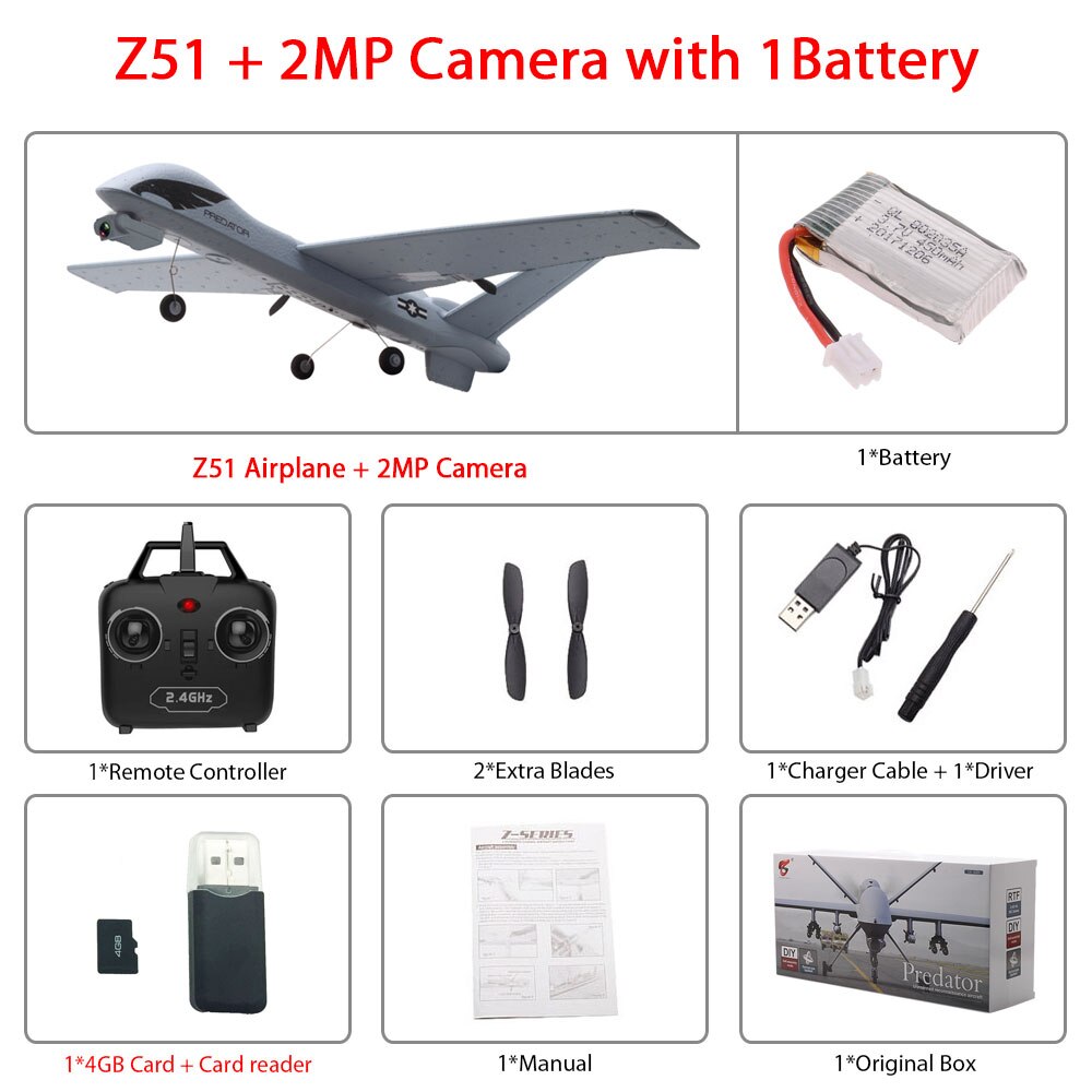 RC Airplane Plane Z51 with 2MP HD Camera or No Camera 20 Minutes Fligt Time Gliders With LED Hand Throwing Wingspan Foam Plane: 2MP 1B color box
