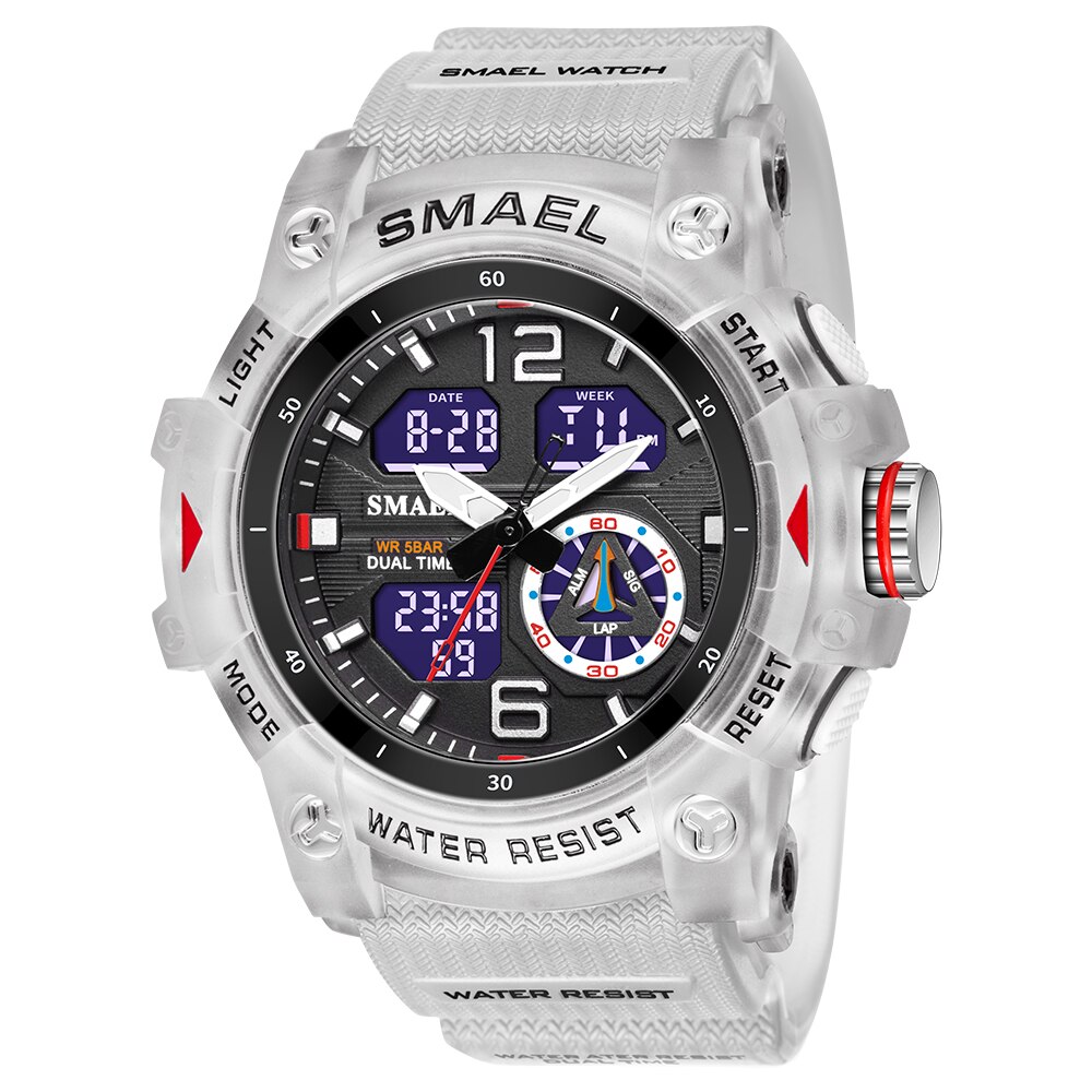 SMAEL – montre de sport pour hommes, double affichage LED, numérique, Quartz, étanche, chronomètre pour étudiants, horloge pour jeunes: Transparent White