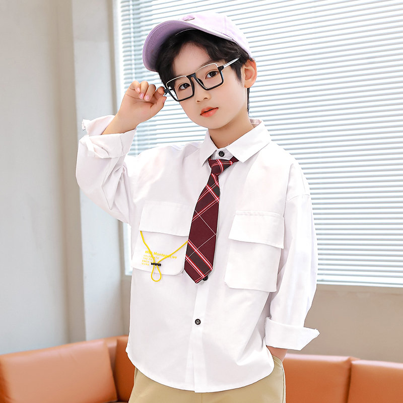 Chemises à la de Style anglais pour enfants, vêtements avec cravate, 100% coton, manches longues, uniforme scolaire pour garçons, offre spéciale: WHITE / 9