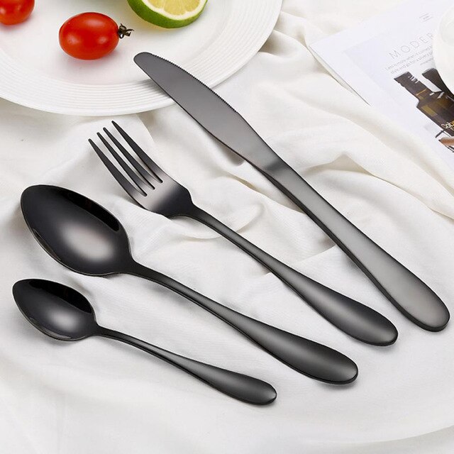 4 st/set färgglada bestick rostfritt stål porslin stek kniv gaffel sked middag västerländsk mat hq regnbåge bestick set: Svart