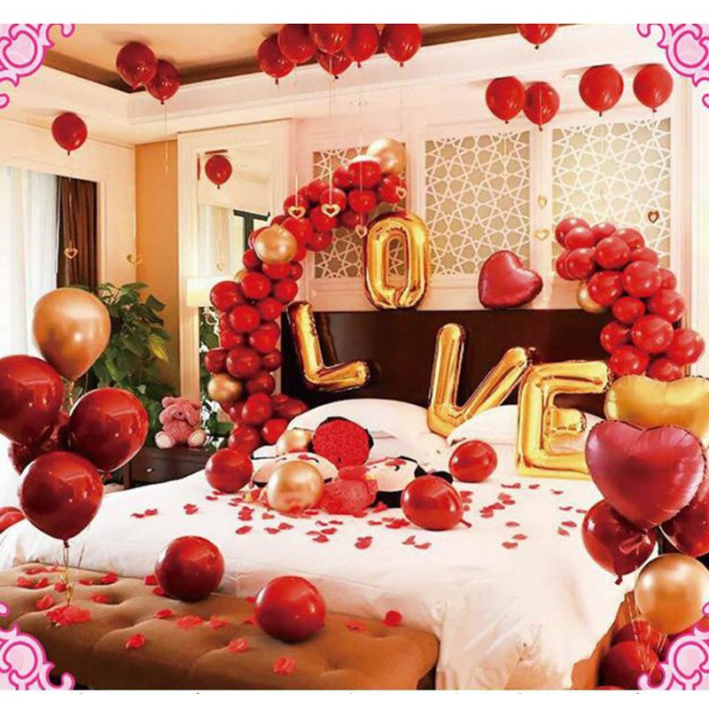 Bryllupsdekorer mega pakke 32 "gyldne kærlighed røde balloner aluminium hjerte balloner rosenblade vedhæng tilbehør fest festartikler
