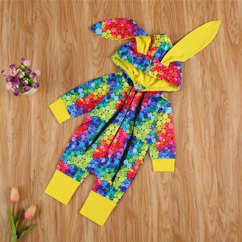 Een Persent Geboren Konijn Oor Rits Jumpsuit Baby Boy Meisje Kleurrijke Kap Rompertjes One-Stukken Kleding