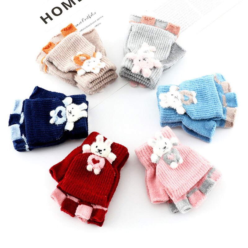 Gants d&#39;hiver en tricot pour enfants, motif lapin mignon, mitaines de dessin animé pour filles, doux et chauds, sans doigts, pour bébé de 2 à 7 ans