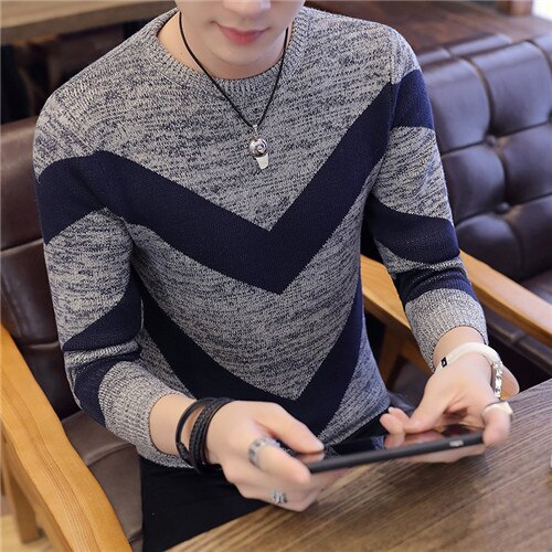 Winter winter au sweater herre stribe pink rød sweatre slim fit pullover herre strik herre strik tøj med o-hals: 899 flåde / Xl