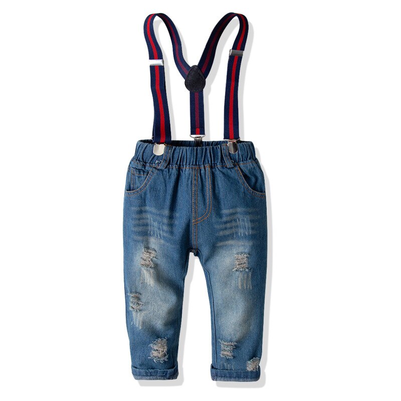 Pantaloni lunghi Denin con bretelle da ragazzo, pantaloni lunghi Jeans strappati alla moda per 1-6 anni ragazzi di primavera autunno: 90