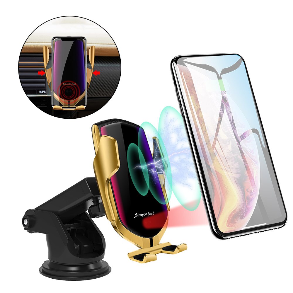 Automatische Spannen 10W Qi Auto Draadloze Oplader Voor iPhone 11 Pro X Xs MAX Infrarood Inductie Snelle Charger Stand auto Telefoon Houder: 2 in 1 Gold