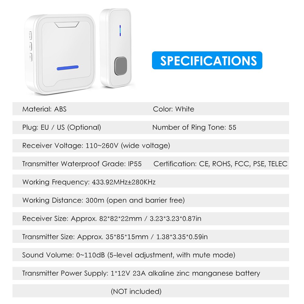 Wireless Doorbell Set 300M Waterproof Doorbell Transmitter 55 Ring Tones Household Remote Control Music Doorbell Receiver