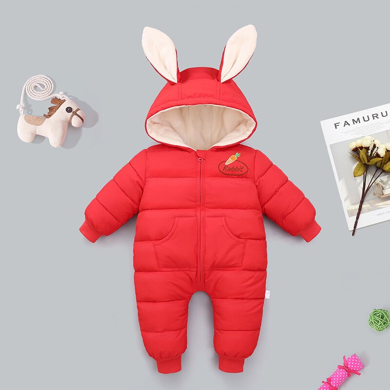 2021 ano novo inverno geral para nweborn bebê para baixo algodão engrossado roupas com capuz dos desenhos animados infantil menino menina macacão de natal: Vermelho / 18 m