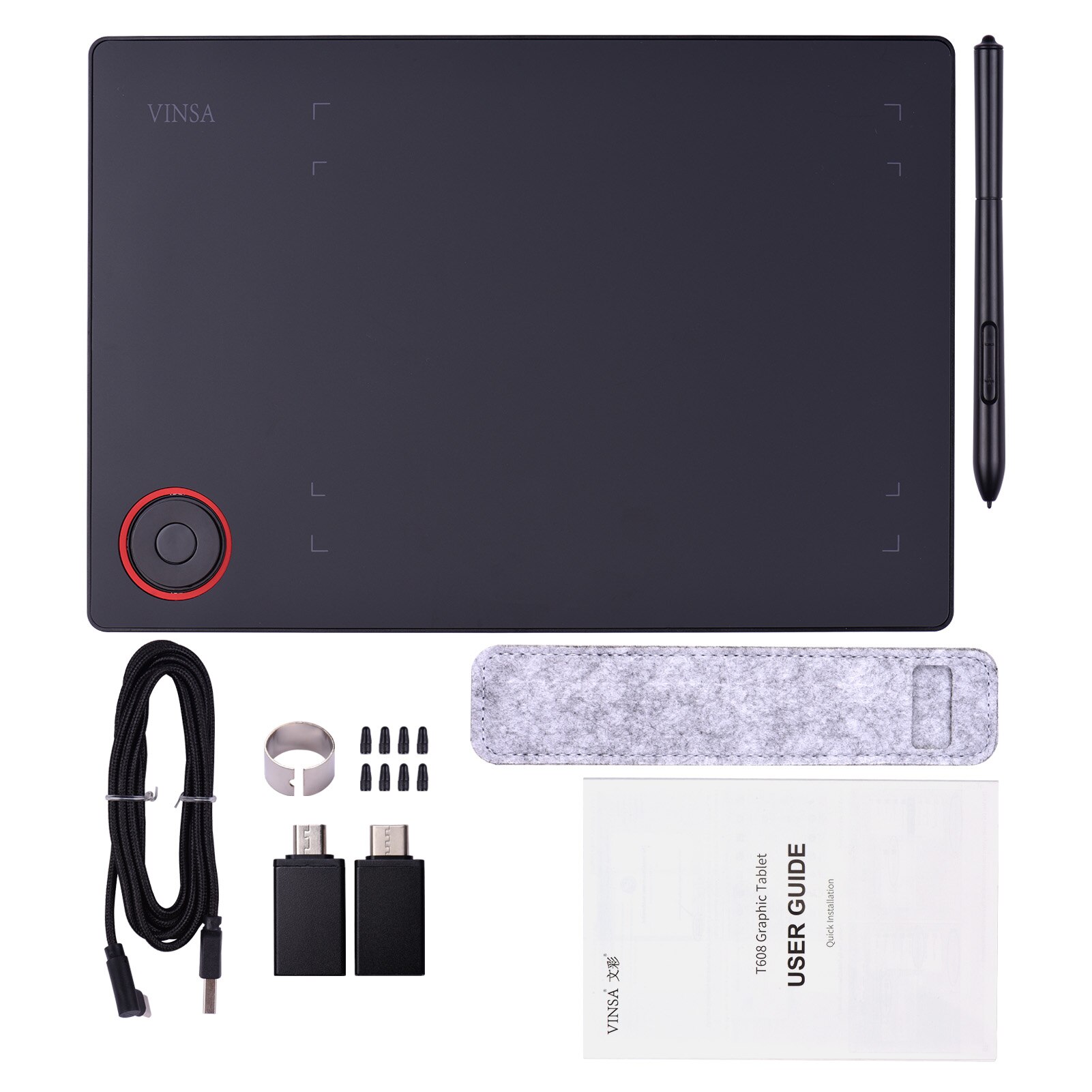 Graphics Drawing Tablet Writing Board 8192 Levels Battery-Free Stylus with Controller Knob OTG Adapter OTG Cable