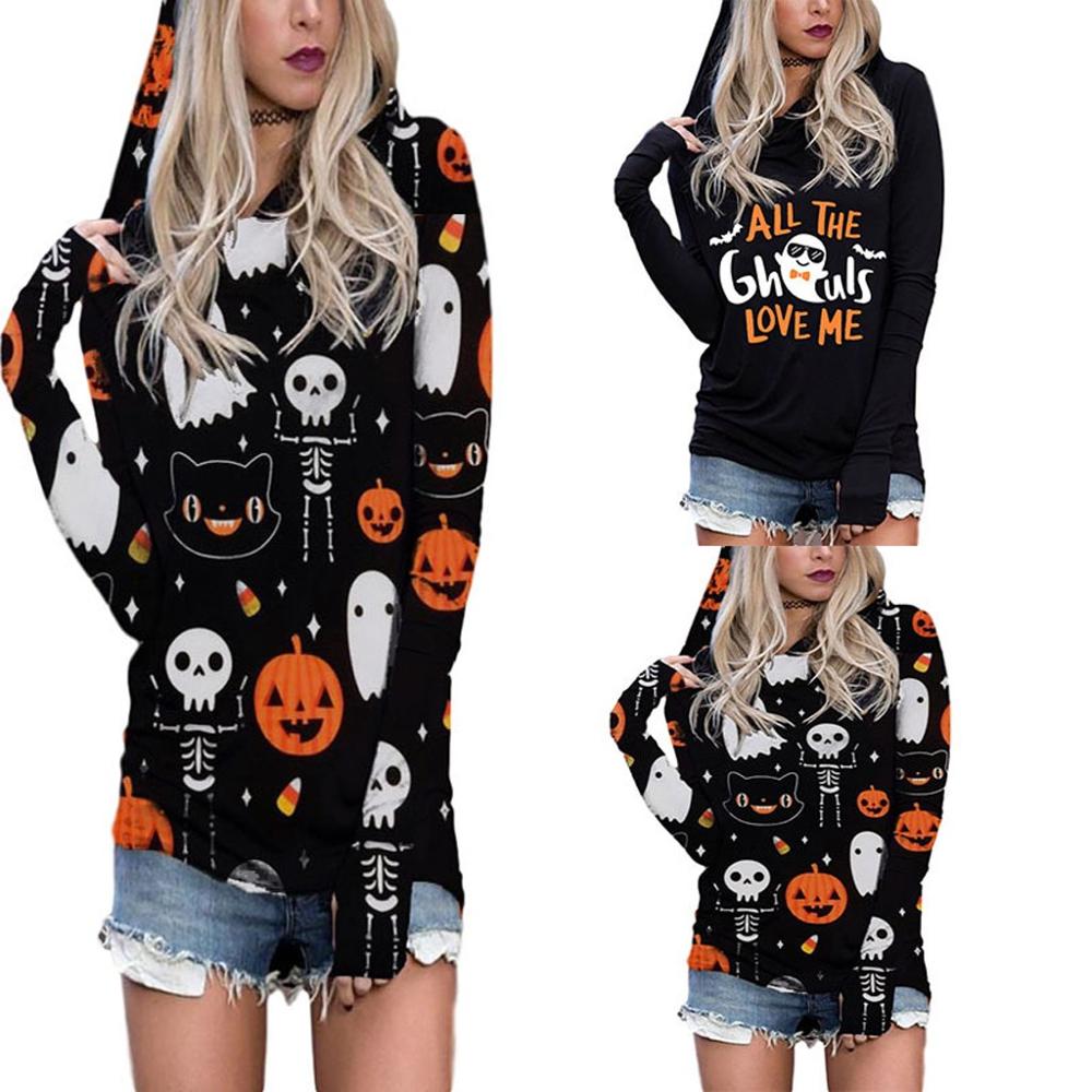 Halloween kostume kvinder hættetrøje halloween printet spøgelsesgræskar skjorter med hætte lange ærmer toppe halloween kostumer til kvinder