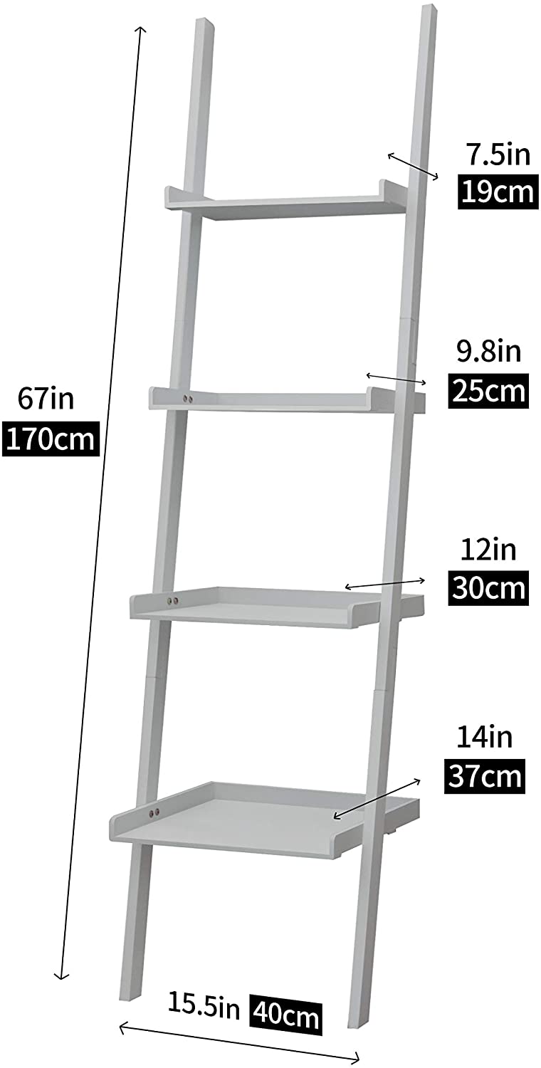 Ladder Shelf Grey Wooden 4-Tier Bookshelf Storage Rack Shelves for Living Room Kitchen Bedroom Office