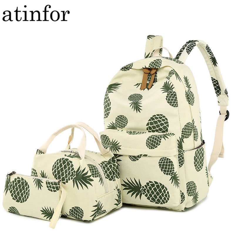 Mode Canvas Vrouwen Rugzak Set Fruit Ananas Afdrukken Vrouwelijke School Rugzak met Lunchbox Zakken Meisje Dagelijks Laptop Boekentas