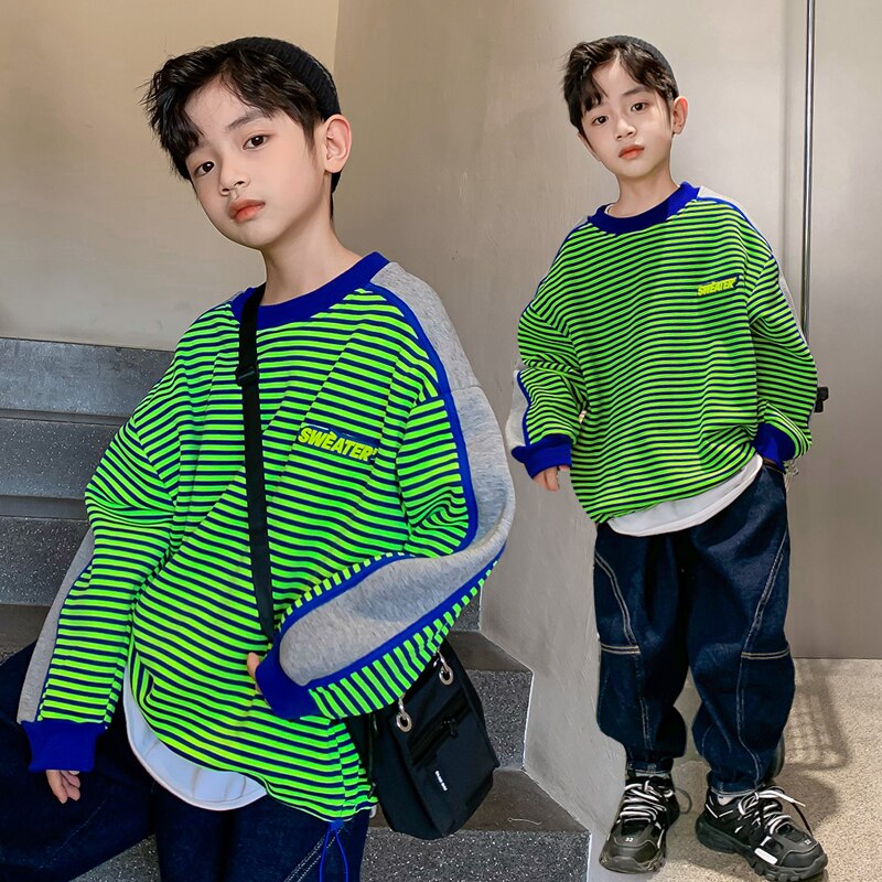Sudadera gruesa de manga larga para niño, ropa deportiva coreana con estampado a rayas, holgada, para otoño e invierno,