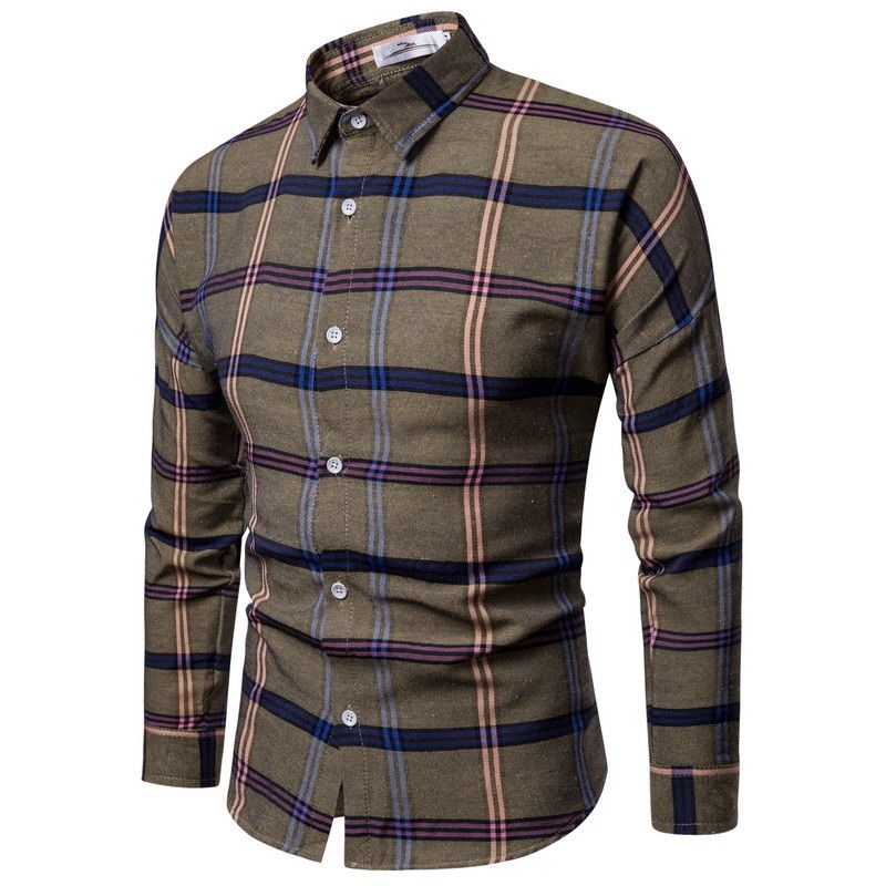 Mænds luksus afslappet ternet skjorte langærmet slim fit plaid business kjole skjorter toppe: Kaffe / Xl