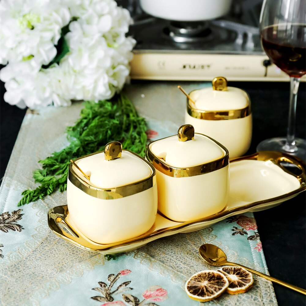 European light luxury ivory white porcelain ceramic seasoning box Seasoning tank Kitchen supplies