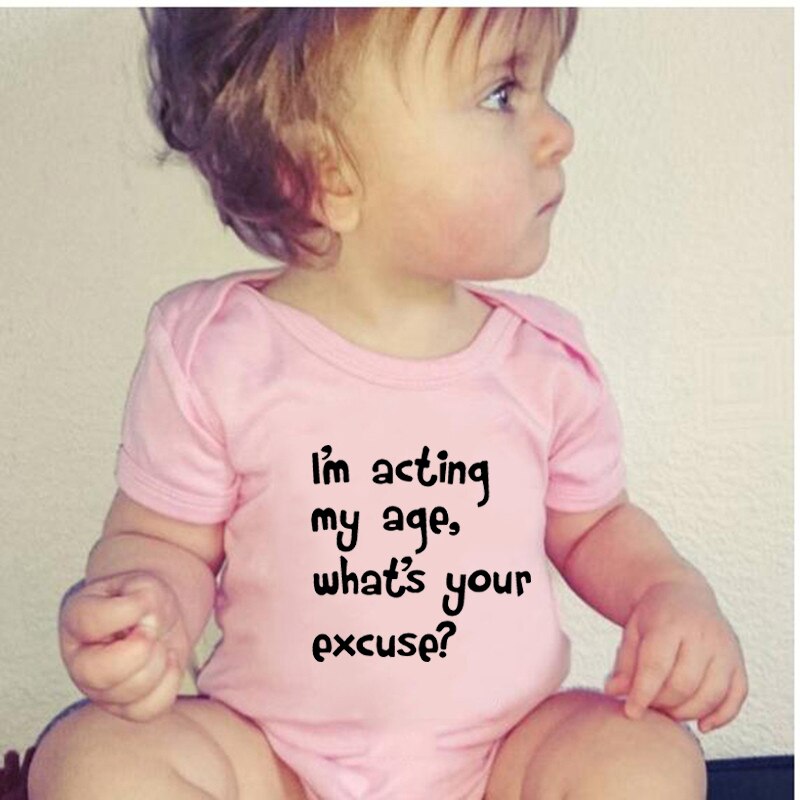 Newborn Baby Clothes Funny I'm Acting My Age What's Your Excese Print Baby Bodysuits Toddler Cotton Onesie Jumpsuit: Pink / 18M