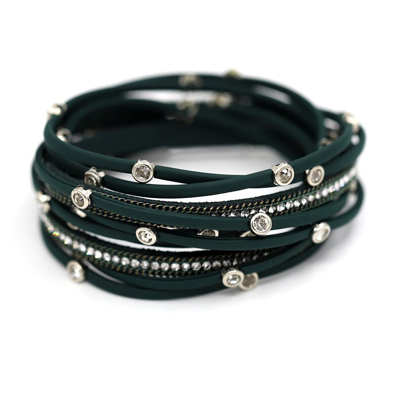 Mode Vrouwen Lederen Armband Multilayer Touw Cirkel Handgemaakte Ingelegd Rhinestone Magneet Sluiting Bangle Armbanden Zomer Sieraden: B9008g Green