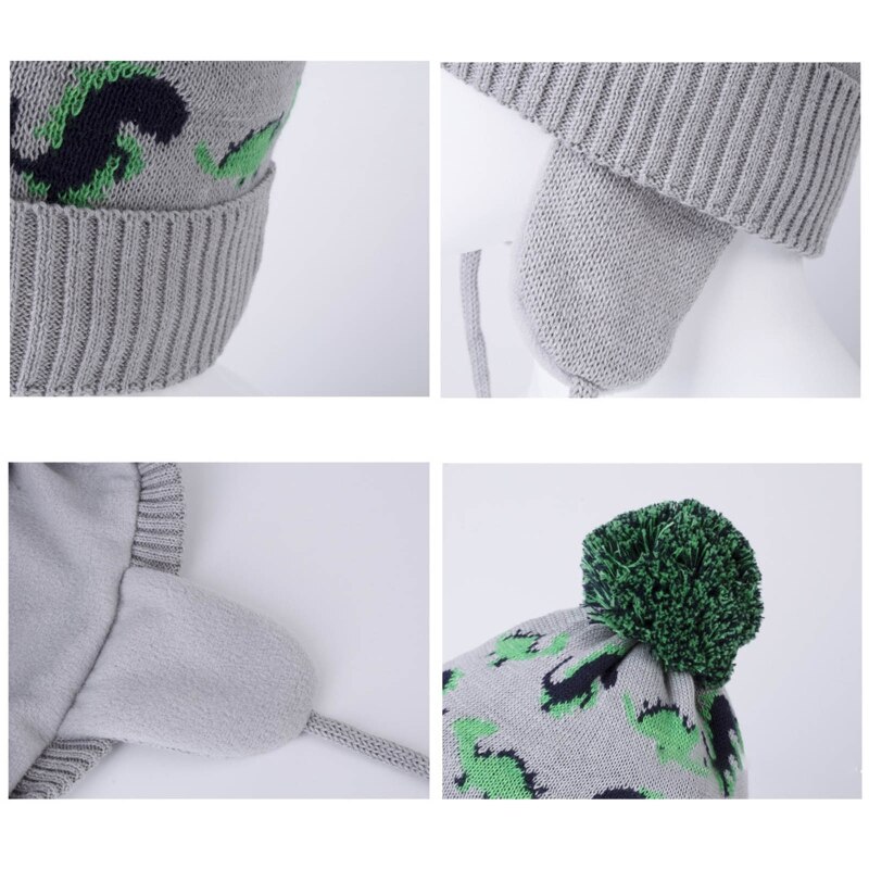 Toddler Baby Boys Cartoon Dinosaur Jacquard Beanie Warm Knitted Hat Earflap 54DA