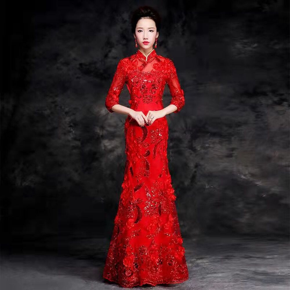 Lace Chinese Red Wedding Dress Sexy Queen Oriental Party Female Cheongsam Stage Show Qipao Celebrity Banquet Dresses: XL