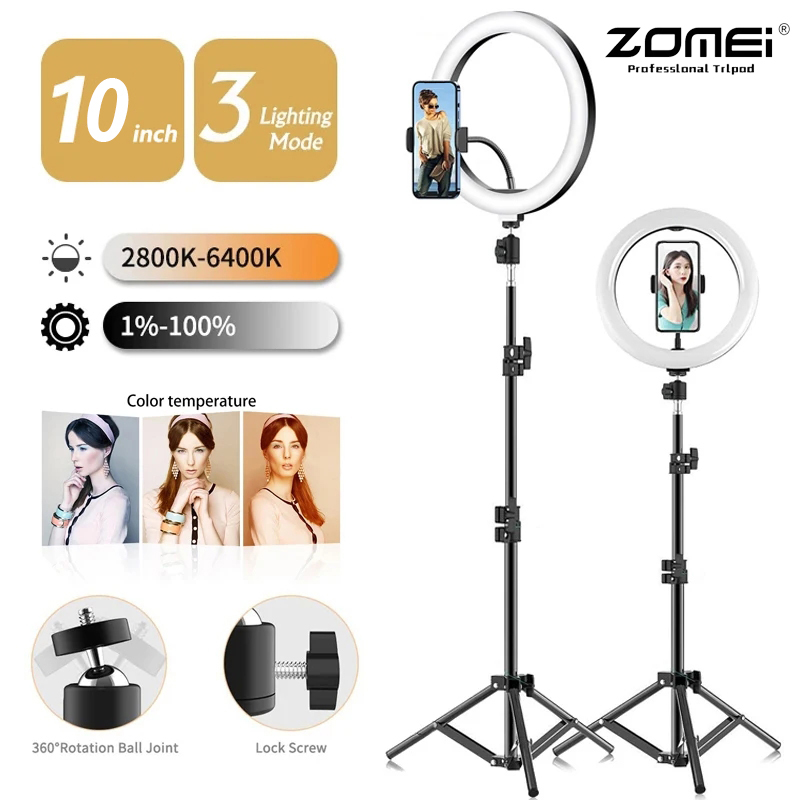 Zomei 26cm ledet selfie-ringlampe fotografisk selfie-ringbelysning rgb-fyllingslys med 110cm telefonholderstativ til video bo
