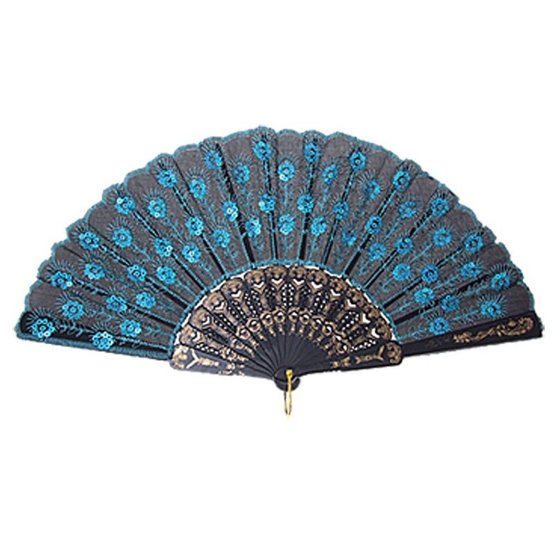 Pauw Patroon Sequin Stof Hand Fan Decoratieve Blauwe Kleur