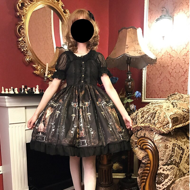 Gootti lolita mekko nainen vintage kawaii sifonki palatsi prinsessajuhla lyhty hihassa painettu söpöt cosplay-asut: Musta / S