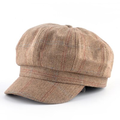 Gorros octogonales de tela de algodón para hombre, gorro de pintor a rayas para Newsboy, boinas informales de invierno para hombre, gorra Boina cálida de doble capa para otoño: Marrón