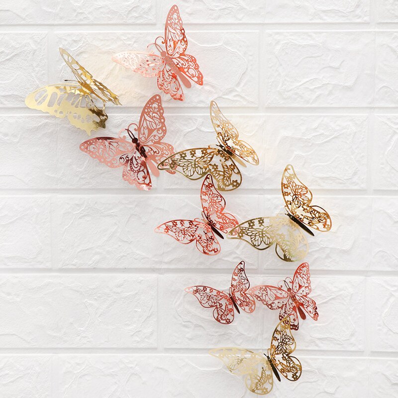 12Pcs 3D Hollow Vlinder Muurstickers Diy Home Decoratie Metalen Textuur Goud Zilver Rosegoud Decals Bruiloft Feestartikelen
