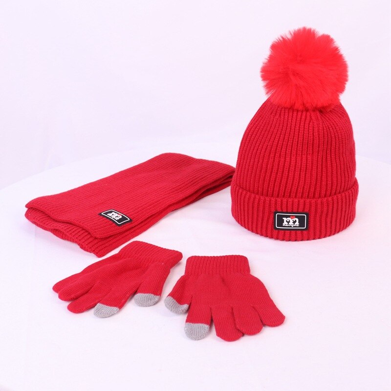 Børns vinter / efterår uld tredelt sweater cap til drenge og piger strikket varm hat tørklæde handsker sæt: Tredelt rød
