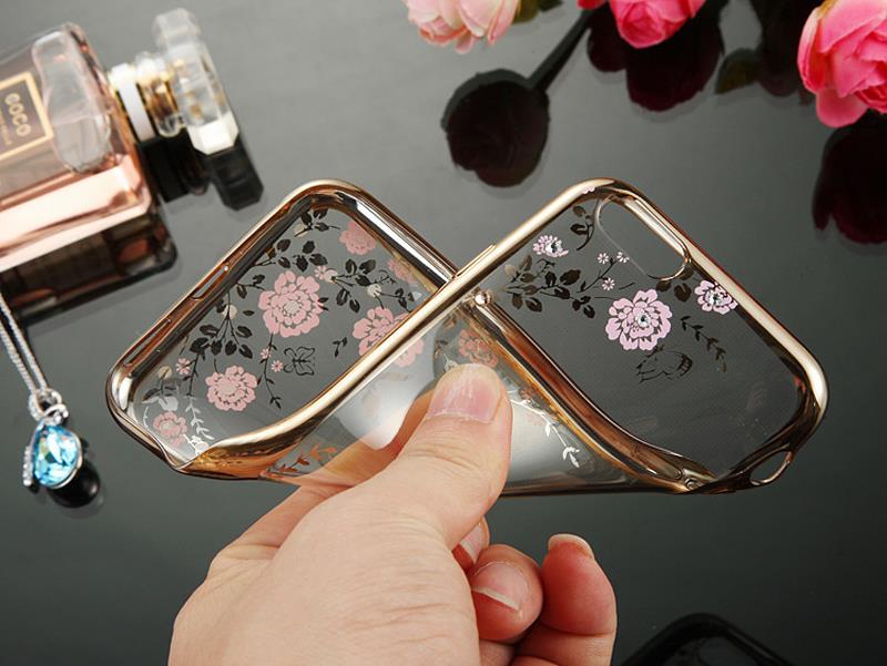 Dla iPhone 7 6S Plus 5 5S 6 przypadku Para Chic kwiat Flora Bling diament Rhinestone wyczyść miękka TPU poszycia skrzynka dla iPhone 7 przypadku