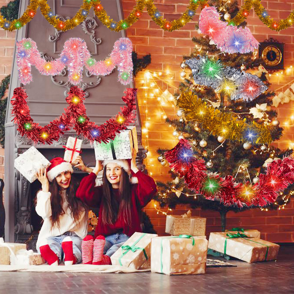 Guirnalda de oropel navideño con 50 luces LED, decoraciones gruesas metálicas brillantes para interiores/exteriores, para fiestas navideñas, 1 ud.