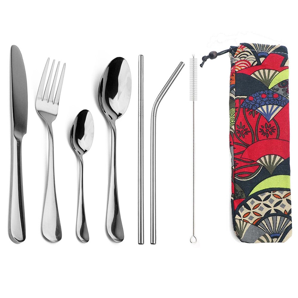 8 unids/set portátil vajilla de acero inoxidable 304 Set de Cubiertos con bolsa pajitas vajilla bolsa de viaje para Picnic: Silver C