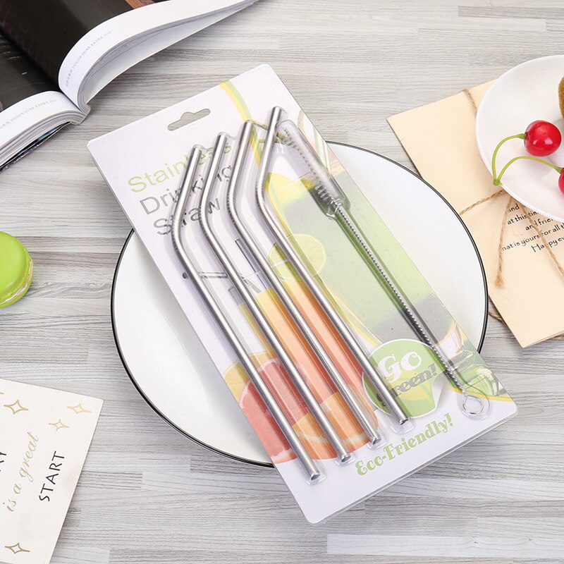 Pajita de acero inoxidable con cepillo de limpieza, Pajita recta curva para beber, accesorios para cocina, Bar y , 4 piezas