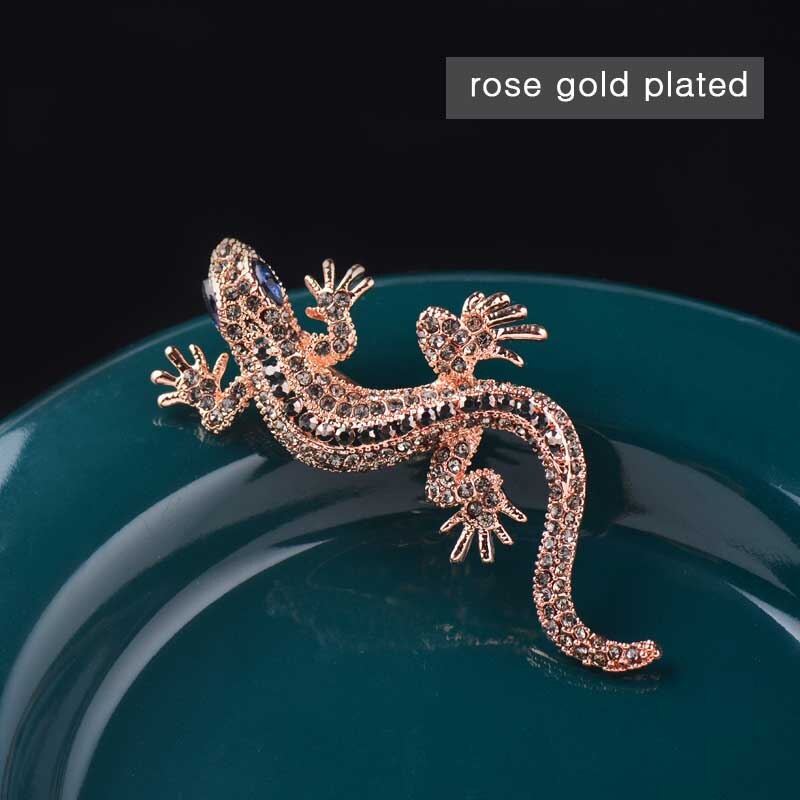 SINLEERY Unique Gecko Brooch Rose Antique Gold Silver Color Inlay Crystal Blue Zircon Eyes Brooches For Women Jewelry XZ122 SSC: XZ122M