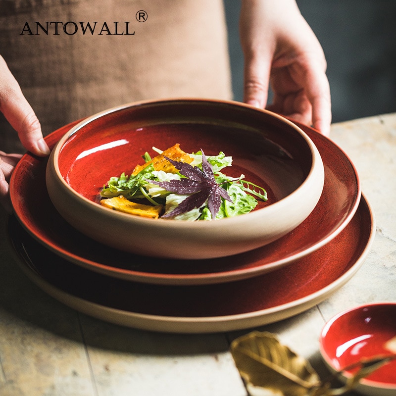 ANTOWALL Special Red Color Dinneware Ceramic Home Restaurant Deep Dish Canteen Steak Dinner Plate Tableware
